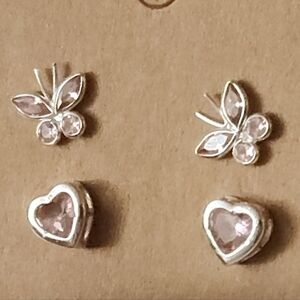 Silver Butterfly Rhinestone Set and Heart Earrings Set